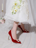 Load image into Gallery viewer, Sylthra Red Velvet Pearl Rhinestone Stilettos