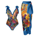 Load image into Gallery viewer, Ladies' One-piece Conservative Print Tummy Control Swimsuit and Sarong Set