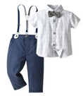 Load image into Gallery viewer, 1 Stylish Top with a dashing plaid pattern, paired with 1 Smart Pair of Pants featuring a comfortable fit, adorable suspenders, and a bow tie for that extra touch of elegance.