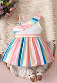 Load image into Gallery viewer, 1 Stunning Dress featuring vibrant multicolor stripes and an elegant one-shoulder design, making your child the center of attention. (Shoes not included)