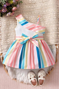 Load image into Gallery viewer, 1 Stunning Dress featuring vibrant multicolor stripes and an elegant one-shoulder design, making your child the center of attention. (Shoes not included)