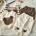 Load image into Gallery viewer, 1 super cozy Top featuring a large Baby Bear face, showcasing your little one's love for bears, and 1 comfy pair of Pants with Bear patches at the knees, adding a playful touch to their outfit.