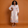 Load image into Gallery viewer, luxury boutique midi dress pastel floral long sleeve resort