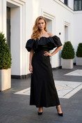 Load image into Gallery viewer, Lumière Rosé Sculpted Two-Piece Outfit– Elegant Off-Shoulder Ruffle Crop Top & Maxi Skirt Set for Women