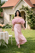 Load image into Gallery viewer, Lumière Rosé Sculpted Two-Piece Outfit– Elegant Off-Shoulder Ruffle Crop Top & Maxi Skirt Set for Women