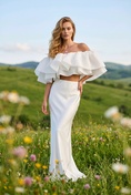 Load image into Gallery viewer, Lumière Rosé Sculpted Two-Piece Outfit– Elegant Off-Shoulder Ruffle Crop Top & Maxi Skirt Set for Women