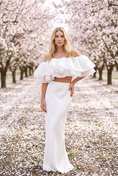 Load image into Gallery viewer, Lumière Rosé Sculpted Two-Piece Outfit– Elegant Off-Shoulder Ruffle Crop Top & Maxi Skirt Set for Women