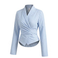 Load image into Gallery viewer, woman wearing blue and white pinstripe wrap blouse tailored fitted elegant top with long sleeves