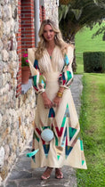 Load image into Gallery viewer, woman wearing geometric print long sleeve midi dress beige colorful pattern elegant spring resort outfit
