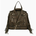 Load image into Gallery viewer, Noor Moto Jacket-Style Backpack with Fringe Olive Green
