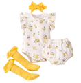 Load image into Gallery viewer, Tiffany 4 Piece Baby Girls Floral Romper Shorts Headband Socks set: 1 charming Romper, 1 pair of Shorts for easy movement, 1 cute Headband for extra flair, and 1 pair of Socks for snug comfort.