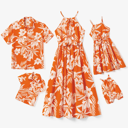 Family Matching Orange Beach Shirt & Floral Strap Dress Sets