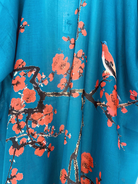 Alaniah Teal & Red Cherry Blossom Bird Kimono