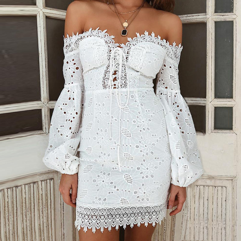 Blanca White Sweetheart Lace Off-The-Shoulder Mini Dress with Bell Sleeves