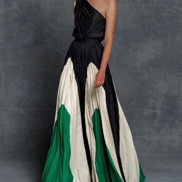 Maya One Shoulder Color Blocking Pleated Maxi Gown