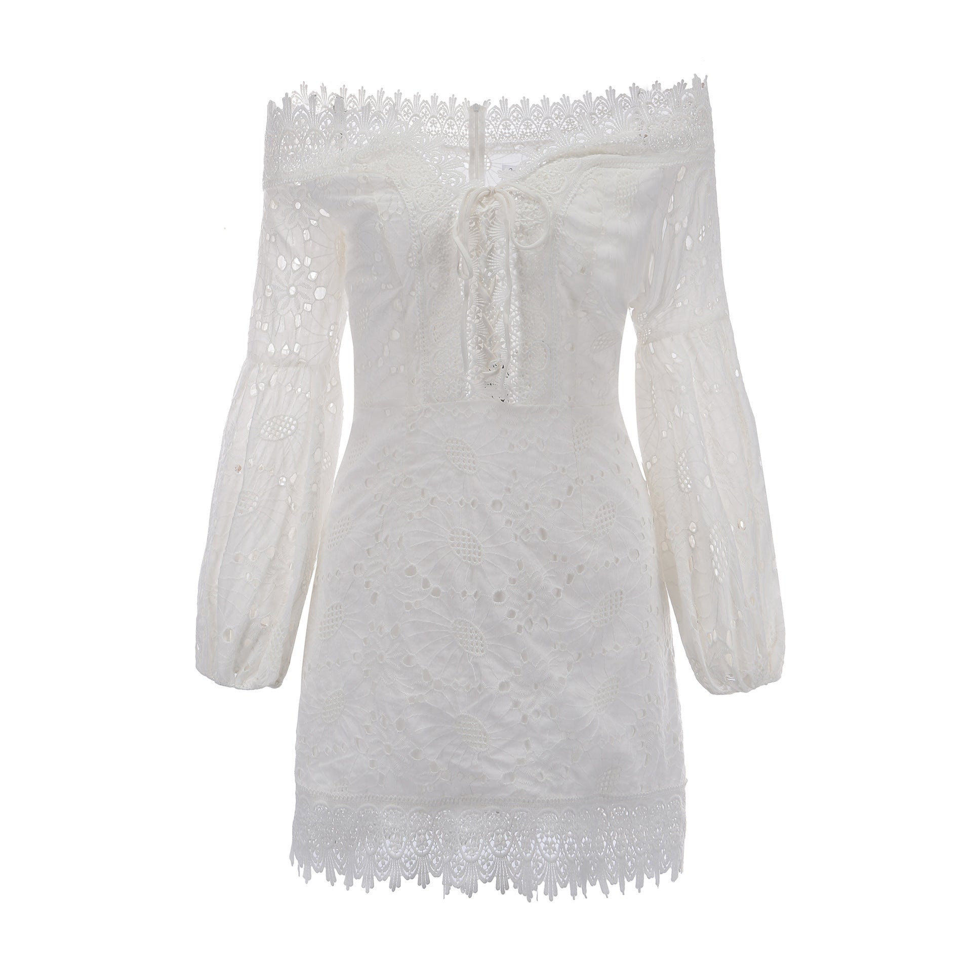 Blanca White Sweetheart Lace Off-The-Shoulder Mini Dress with Bell Sleeves