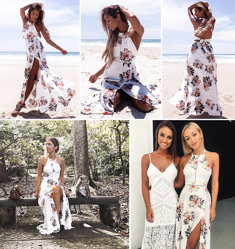 White Floral Halter High Slit Maxi Dress