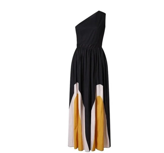 Maya One Shoulder Color Blocking Pleated Maxi Gown