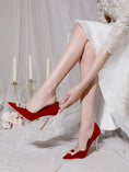 Load image into Gallery viewer, Sylthra Red Velvet Pearl Rhinestone Stilettos
