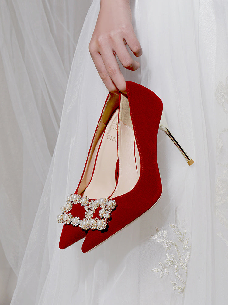 Sylthra Red Velvet Pearl Rhinestone Stilettos