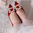 Load image into Gallery viewer, Sylthra Red Velvet Pearl Rhinestone Stilettos
