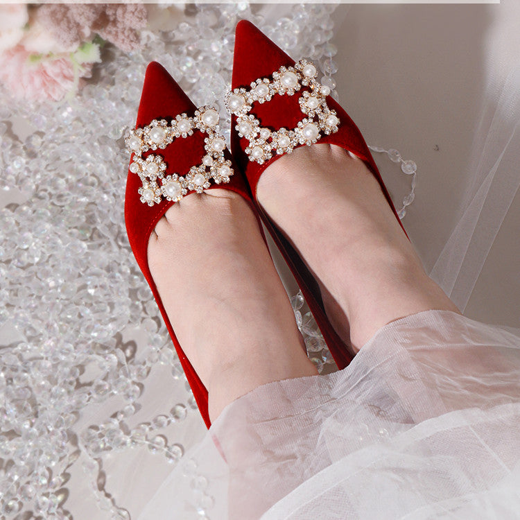 Sylthra Red Velvet Pearl Rhinestone Stilettos