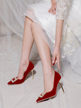 Load image into Gallery viewer, Sylthra Red Velvet Pearl Rhinestone Stilettos
