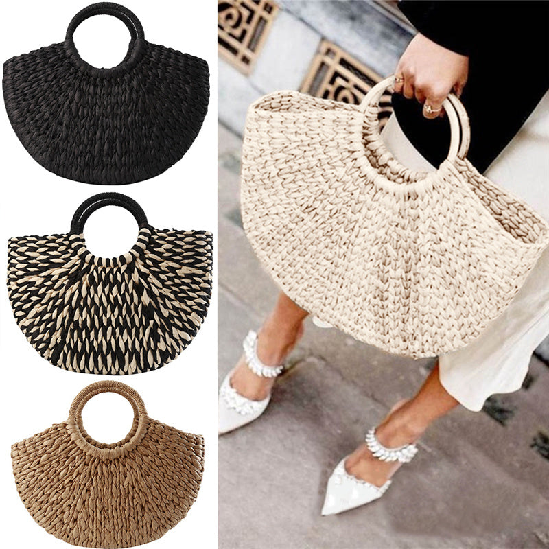 Ola Women's Handbag Rattan Wicker Straw Woven Half-round Bag Large Capacity Casual Travel Fashion Tote