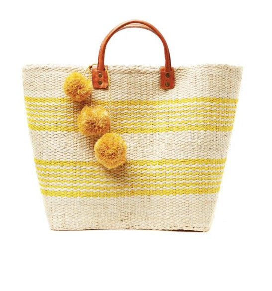 Zuri Bohemian Vacation Striped Pompom Rattan Grass Summer Bag for Women