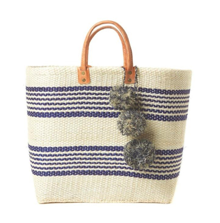 Zuri Bohemian Vacation Striped Pompom Rattan Grass Summer Bag for Women