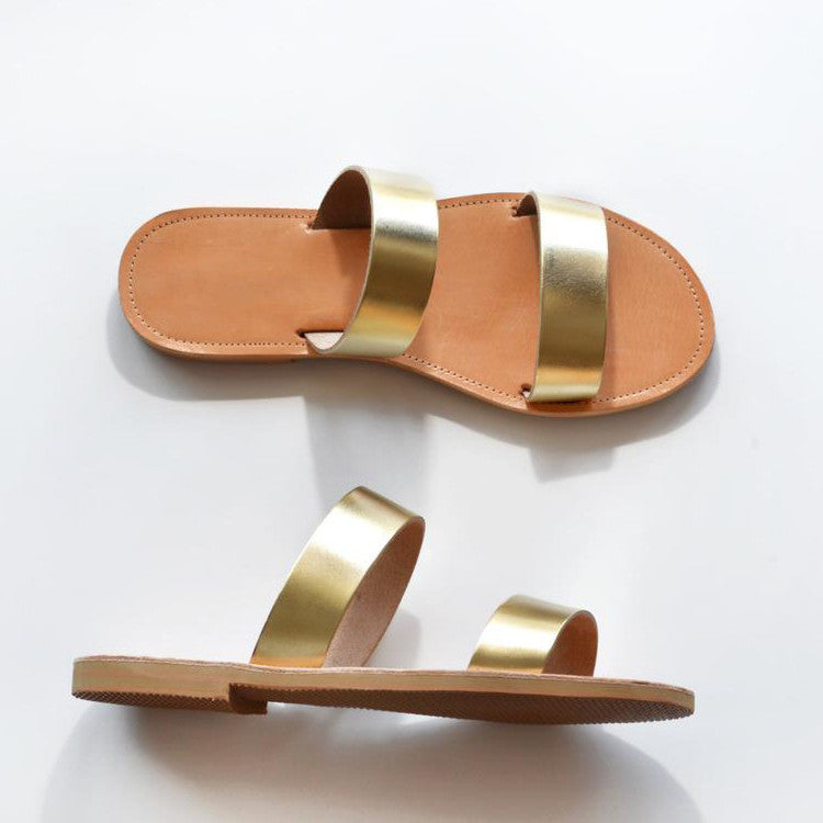 Mila Luxe Gold Double-Strap Slide Sandals | Elegant Summer Flat Sandals for Women