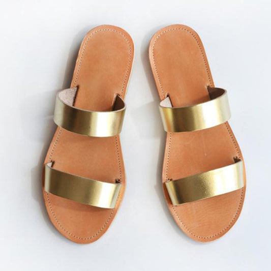 Mila Luxe Gold Double-Strap Slide Sandals | Elegant Summer Flat Sandals for Women