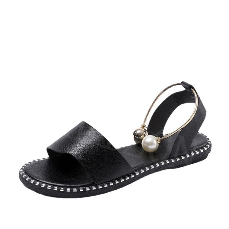 Kenya Open Toe Pearl and Gold Sandals Flats Ankle Metallic Ring Slides Comfort Walking Shoes