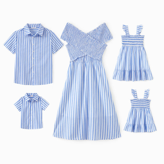 Family Matching Blue Vertical Shirt or Off Shoulder Dress