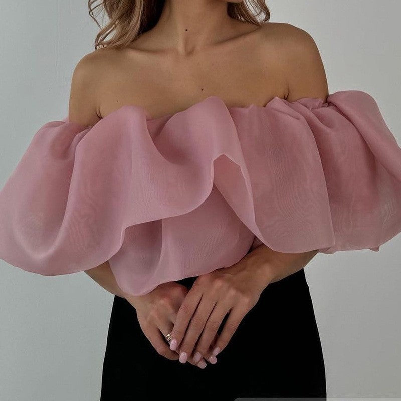 Lumière Rosé Sculpted Two-Piece Outfit– Elegant Off-Shoulder Ruffle Crop Top & Maxi Skirt Set for Women