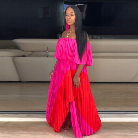 Fantasia Off-The-Shoulder Color Block Maxi Hot Pink Dress