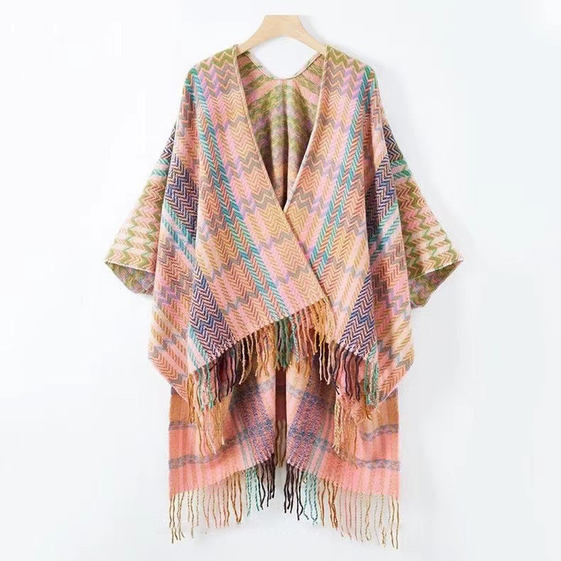 Velocita  Bohemian Western Ethnic Plaid Tassel Kimono Thermal Cape