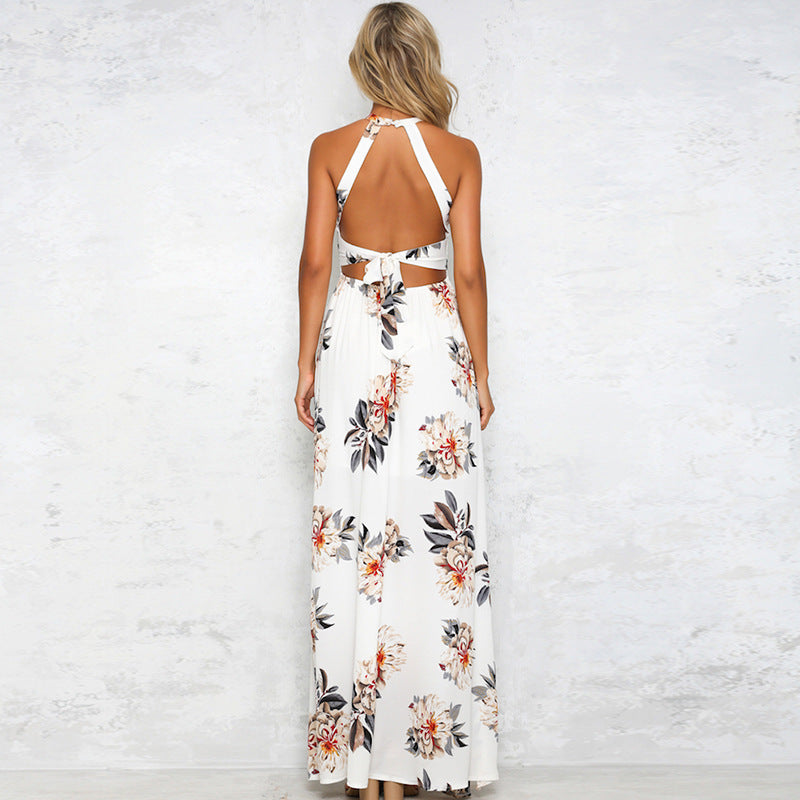 White Floral Halter High Slit Maxi Dress