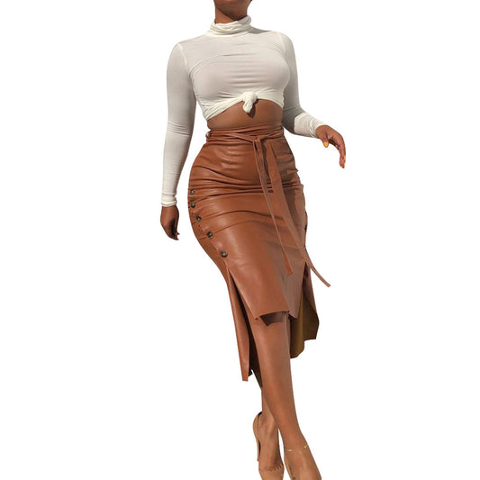 Tatihanna Faux Leather Pencil Bodycon Hi-Low Midi Skirt