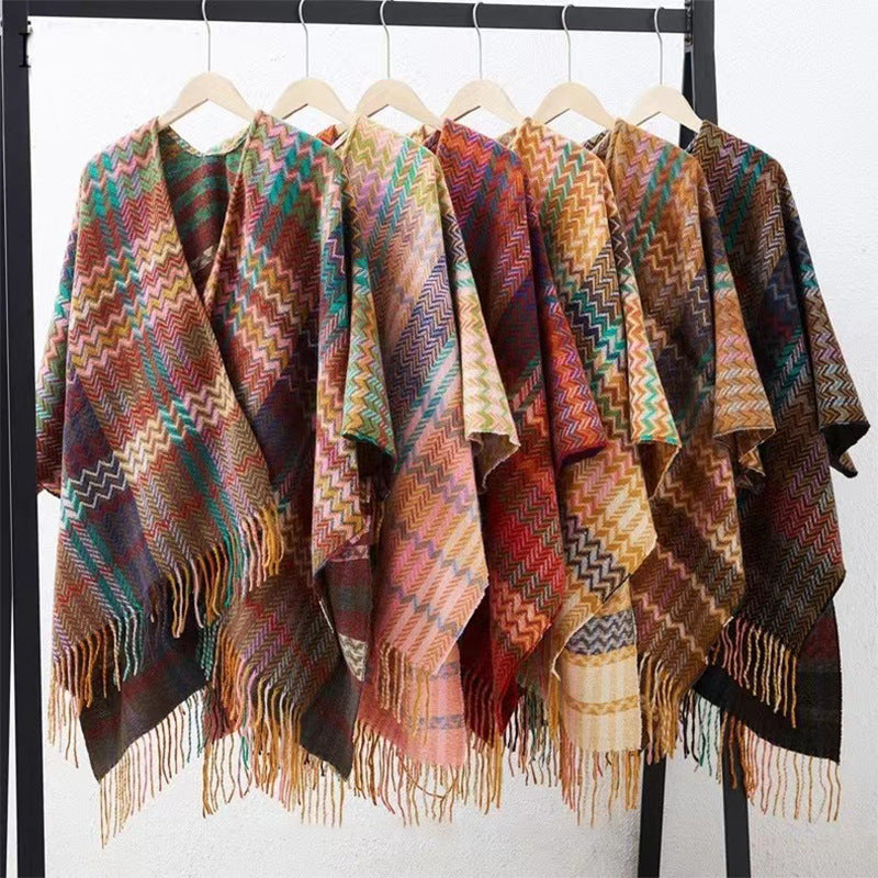 Velocita  Bohemian Western Ethnic Plaid Tassel Kimono Thermal Cape