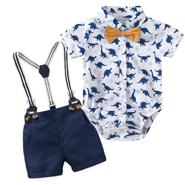 Wyatt 3 Pcs Pants Set Irresistibly charming baby boy outfit Crafted from cozy blend of cotton and polyester Dinosaur print pattern for added charm Short sleeves and snaps for easy diaper changes