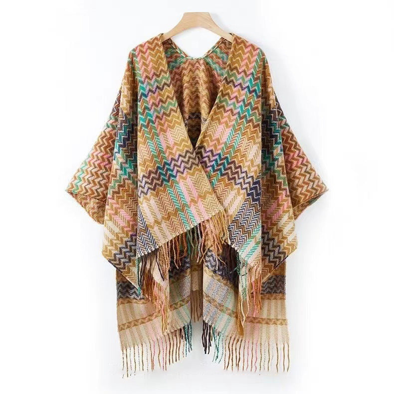 Velocita  Bohemian Western Ethnic Plaid Tassel Kimono Thermal Cape