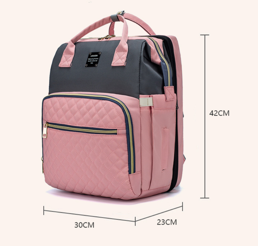 Versatile functionality as a diaper bag, changing table, and travel bassinet.