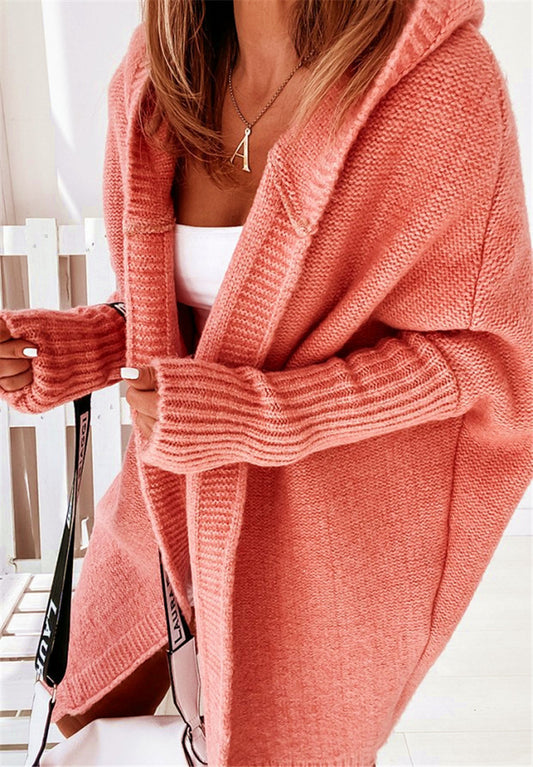 Melismae Oversized Solid Color Batwing Sleeve Open Style Hooded Sweater Knitted Cardigan