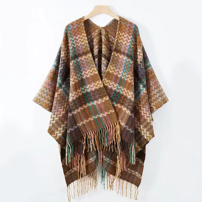 Velocita  Bohemian Western Ethnic Plaid Tassel Kimono Thermal Cape