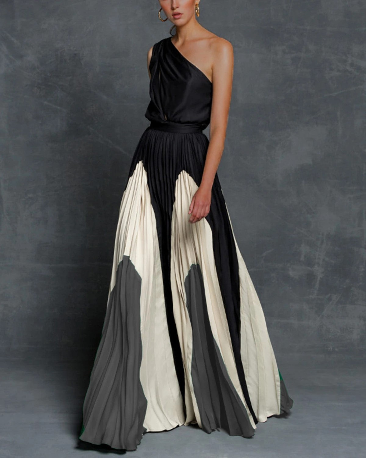 Maya One Shoulder Color Blocking Pleated Maxi Gown