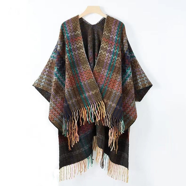 Velocita  Bohemian Western Ethnic Plaid Tassel Kimono Thermal Cape