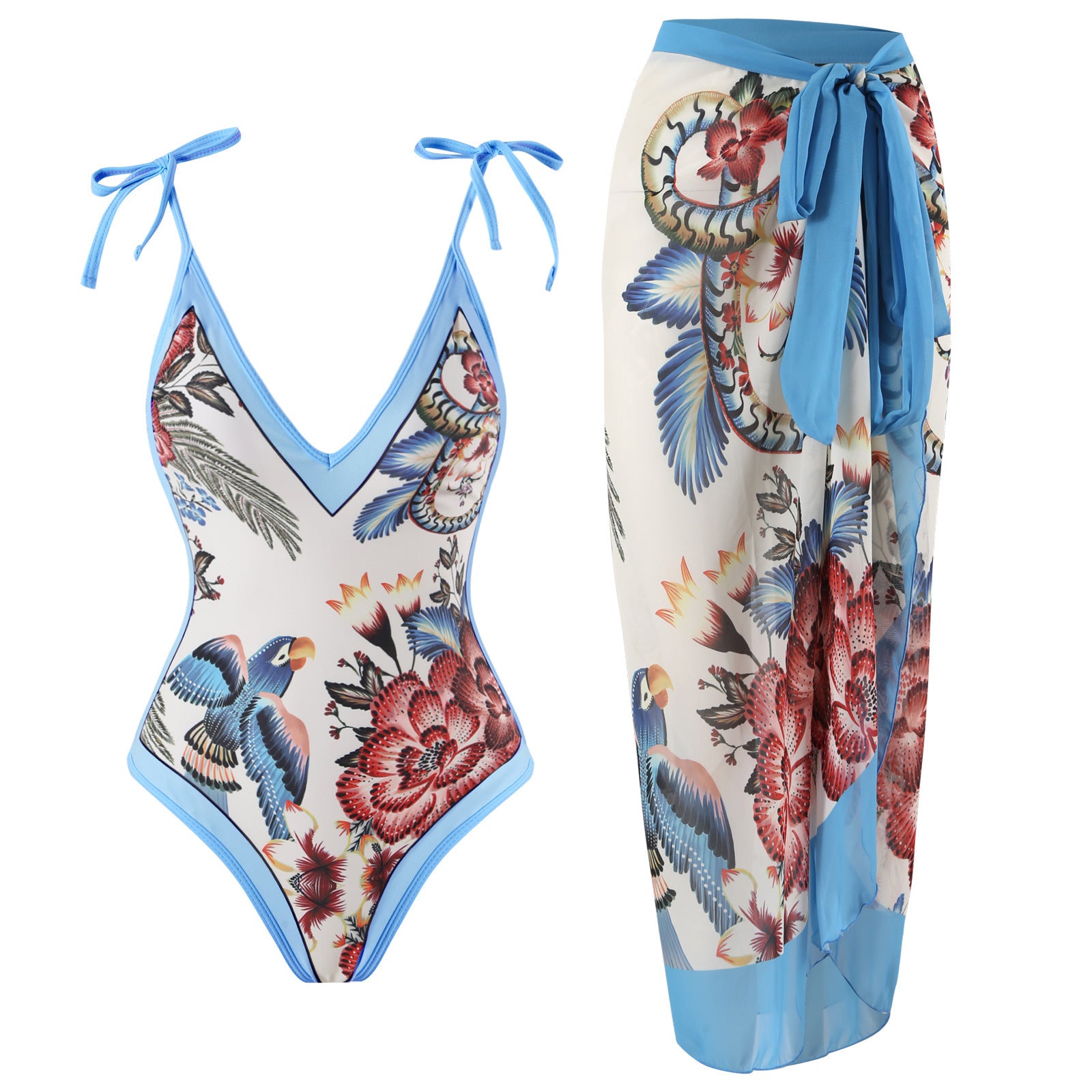 Ladies' One-piece Conservative Print Tummy Control Swimsuit and Sarong Set