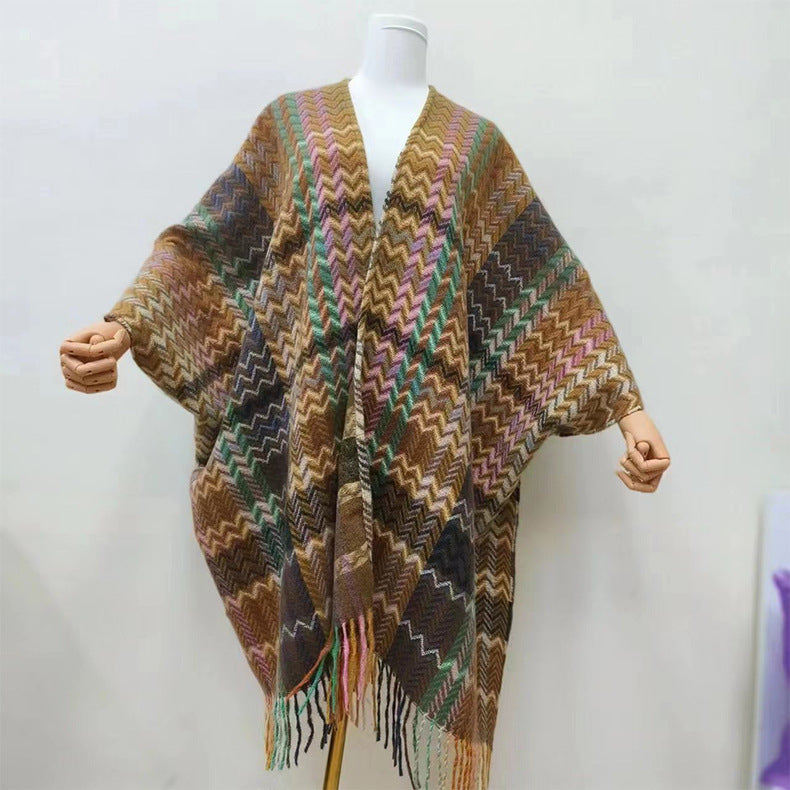 Velocita  Bohemian Western Ethnic Plaid Tassel Kimono Thermal Cape