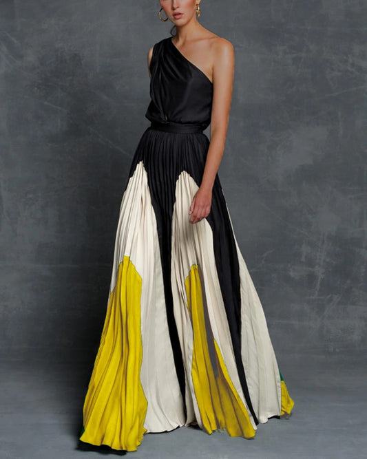 Maya One Shoulder Color Blocking Pleated Maxi Gown